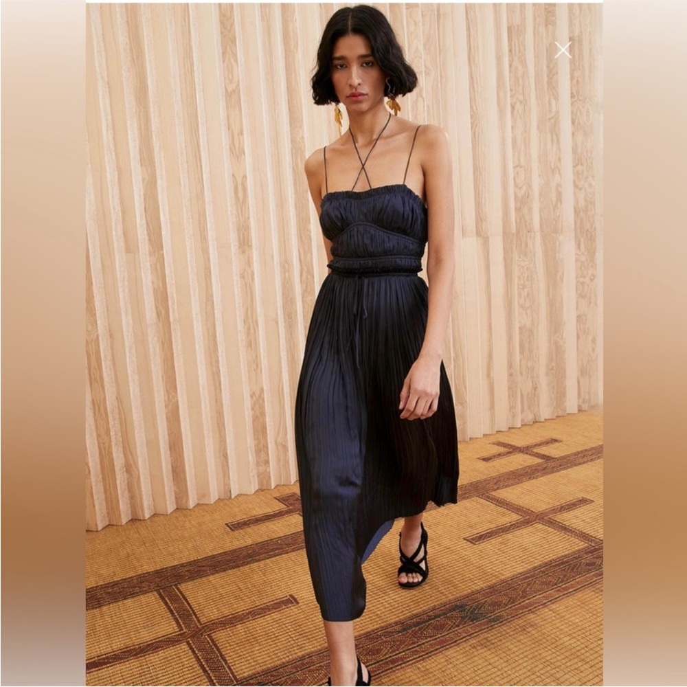 ULLA JOHNSON Naveah Pleated Halter Midi Dress Navy
